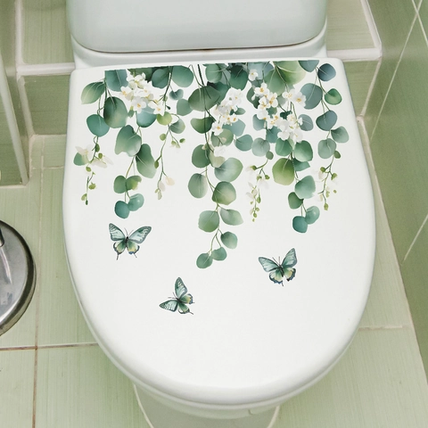 Impermeabile PVC Foglie di Eucalyptus e Farfalle Adesivo per WC Autoadesivo Bagno Casa Decorazione Adesivo Murale