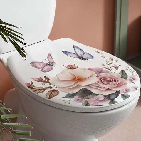 Adesivo per Sedile WC con Fiori e Farfalle in PVC Impermeabile Rimovibile Autoadesivo Decorazione Casa Bagno Adesivo da Parete