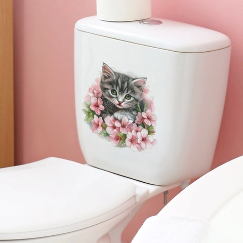 Lindo Gato Flor Rosa Pegatina de Inodoro PVC Impermeable Extraíble Vinilo de Pared Para Baño Decoración del Hogar Bricolage
