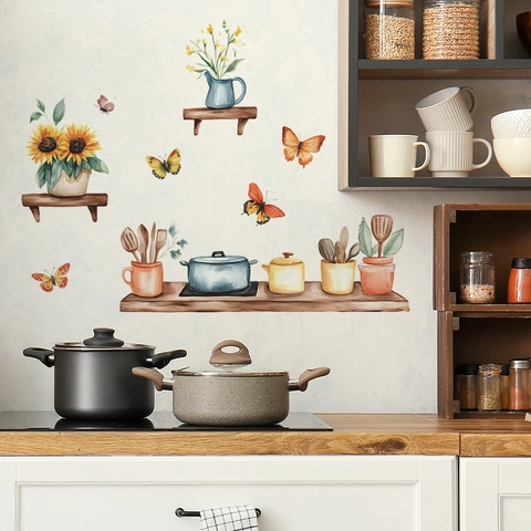 Adesivi Murali in PVC Con Girasoli e Utensili da Cucina Acquerello Decalcomanie Floreali Removibili per Cucina Camera da Letto Soggiorno Decorazione Parete