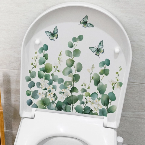Impermeabile PVC Foglie di Eucalyptus e Farfalle Adesivo per WC Autoadesivo Bagno Casa Decorazione Adesivo Murale