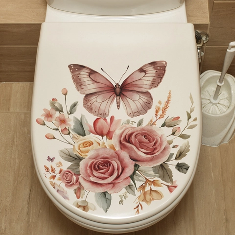 Pegatina para Inodoro de Mariposa y Rosa Acuarela PVC Removible Impermeable Decoración de Baño Mural Autoadhesiva Hogar
