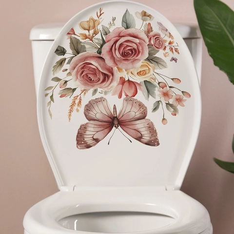 Pegatina para Inodoro de Mariposa y Rosa Acuarela PVC Removible Impermeable Decoración de Baño Mural Autoadhesiva Hogar