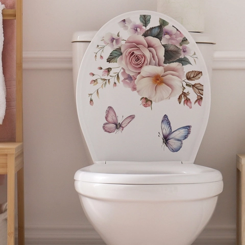 Adesivo per Sedile WC con Fiori e Farfalle in PVC Impermeabile Rimovibile Autoadesivo Decorazione Casa Bagno Adesivo da Parete