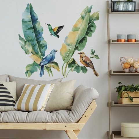 Tropische Bananenblatt Vogel Wandaufkleber Aquarell Palmblatt Selbstklebende PVC Wandtattoos Für Wohnzimmer Schlafzimmer Deko