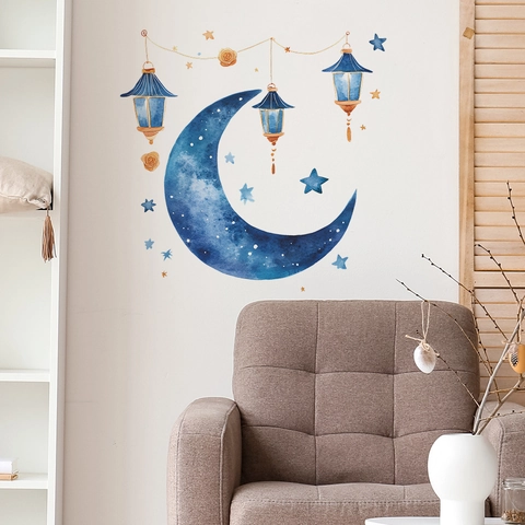 Adhesivo de Pared de Acuarela con Linterna de Luna Azul de Ensueño PVC Autoadhesivo Estrellas Flores para Dormitorio Hogar