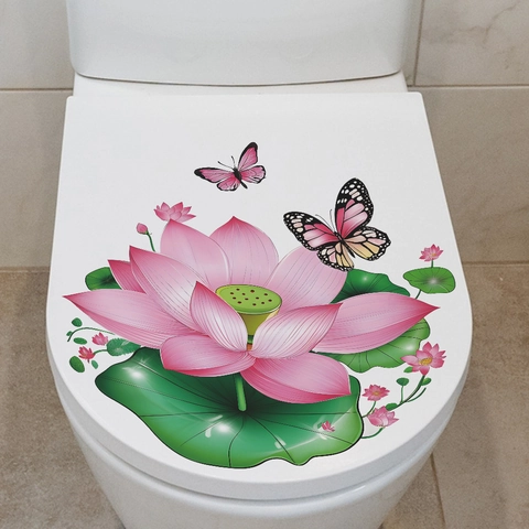 Lotus Bloem Vlinder Patroon PVC Waterdichte Toiletbril Sticker Verwijderbaar DIY Badkamer Huis Decoratie Muursticker