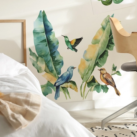 Tropische Bananenblatt Vogel Wandaufkleber Aquarell Palmblatt Selbstklebende PVC Wandtattoos Für Wohnzimmer Schlafzimmer Deko