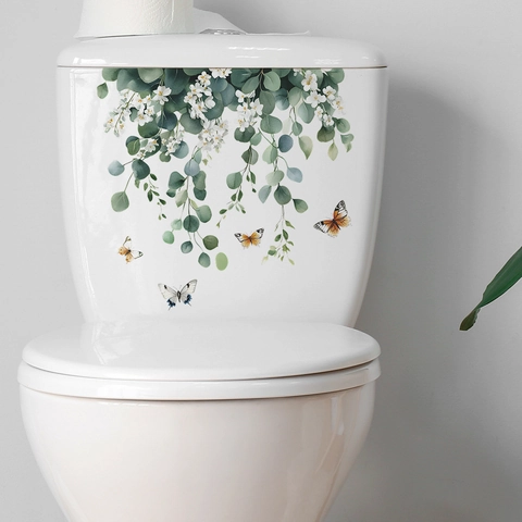 Feuilles d'Eucalyptus Vertes Fraîches Fleurs Papillons Autocollant Toilette PVC Imperméable Amovible Décoration Maison
