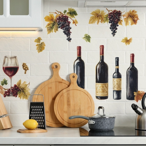 Realistic Wine Bottle And Grape Wall Stickers PVC Removable Self Adhesive Decals For Kitchen Dining Room Home Decoration
