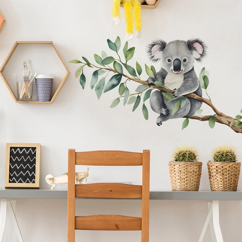 Aquarell Koala Auf Ast Wandaufkleber PVC Selbstklebend Eukalyptusblätter Dekal Für Kinderzimmer Kinderzimmer Home Decor