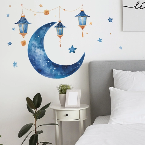 Adhesivo de Pared de Acuarela con Linterna de Luna Azul de Ensueño PVC Autoadhesivo Estrellas Flores para Dormitorio Hogar