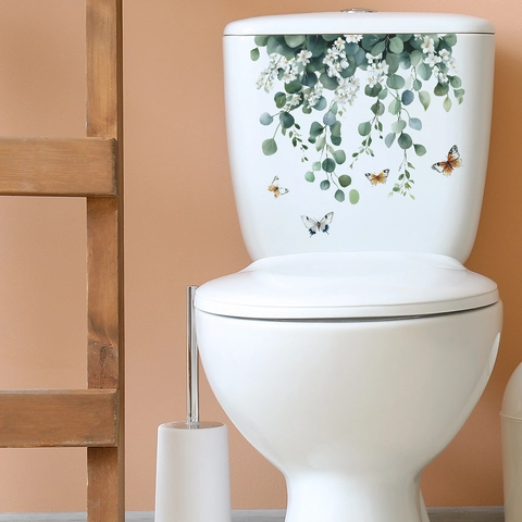 Feuilles d'Eucalyptus Vertes Fraîches Fleurs Papillons Autocollant Toilette PVC Imperméable Amovible Décoration Maison