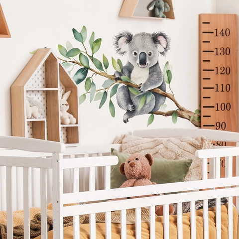 Aquarell Koala Auf Ast Wandaufkleber PVC Selbstklebend Eukalyptusblätter Dekal Für Kinderzimmer Kinderzimmer Home Decor