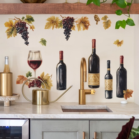 Realistic Wine Bottle And Grape Wall Stickers PVC Removable Self Adhesive Decals For Kitchen Dining Room Home Decoration