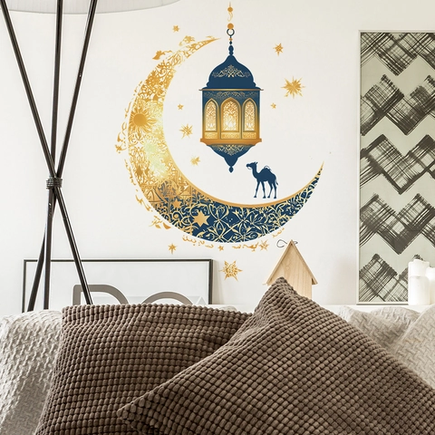 Pegatinas de Pared Ramadan Luna Linterna Camello PVC Autoadhesivas Islámicas Eid Mubarak Decoración Hogar Para Salón Dormitorio