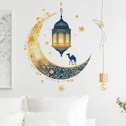 Pegatinas de Pared Ramadan Luna Linterna Camello PVC Autoadhesivas Islámicas Eid Mubarak Decoración Hogar Para Salón Dormitorio
