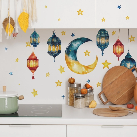 Pegatinas de Pared de Ramadán Acuarela Patrón de Luna Estrellas Linterna Calcomanías de Pared de PVC para Sala de Estar Hogar