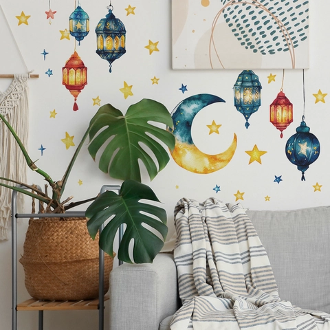 Pegatinas de Pared de Ramadán Acuarela Patrón de Luna Estrellas Linterna Calcomanías de Pared de PVC para Sala de Estar Hogar