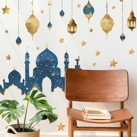 Ramadan Eid Mubarak Pegatinas Pared PVC Brillo Dorado Azul Mezquita Linterna Estrella Patrón Removible Hogar Decoración Mural