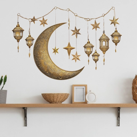 Ramadan Gold Mond Stern Laterne Wandtattoo PVC Selbstklebend Eid Mubarak Deko Aufkleber Für Schlafzimmer Wohnzimmer Zuhause
