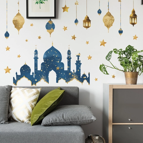 Ramadan Eid Mubarak Pegatinas Pared PVC Brillo Dorado Azul Mezquita Linterna Estrella Patrón Removible Hogar Decoración Mural
