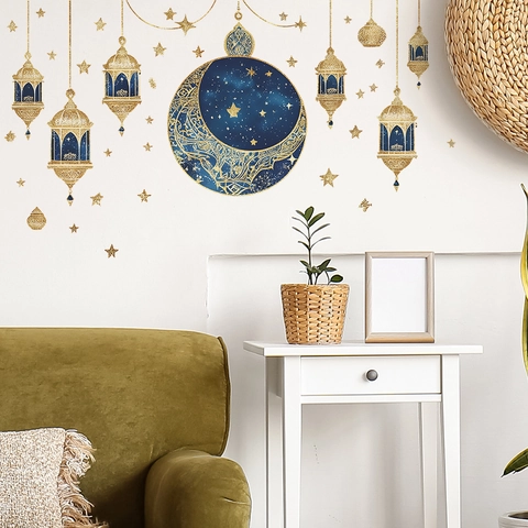 Pegatinas de Pared Ramadan Eid Mubarak Luna Estrella Linterna Oro PVC Autoadhesivas Decoración de Hogar Salón Dormitorio