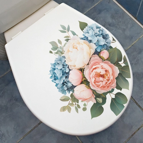 Adesivo per WC Bagno con Fiori Ortensia Rosa Foglia Verde Impermeabile in PVC Removibile Decorazione Murale