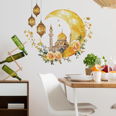 Pegatinas de Pared Mezquita Luna Islámica Acuarela Rosa Amarilla Ramadan Farol Calcomanías PVC Autoadhesivas Hogar