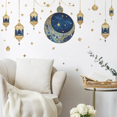 Pegatinas de Pared Ramadan Eid Mubarak Luna Estrella Linterna Oro PVC Autoadhesivas Decoración de Hogar Salón Dormitorio