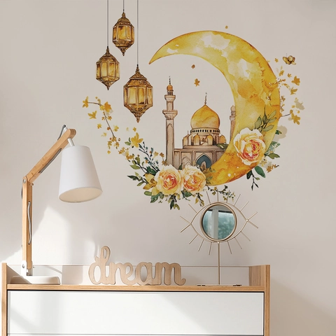 Pegatinas de Pared Mezquita Luna Islámica Acuarela Rosa Amarilla Ramadan Farol Calcomanías PVC Autoadhesivas Hogar