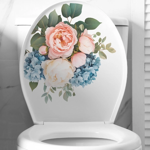 Adesivo per WC Bagno con Fiori Ortensia Rosa Foglia Verde Impermeabile in PVC Removibile Decorazione Murale