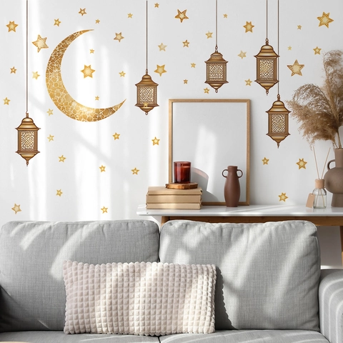 Pegatina de Pared Ramadan Eid Mubarak Luna Dorada Linterna Estrella Removible PVC Calcomanía Decorativa Para Hogar Dormitorio