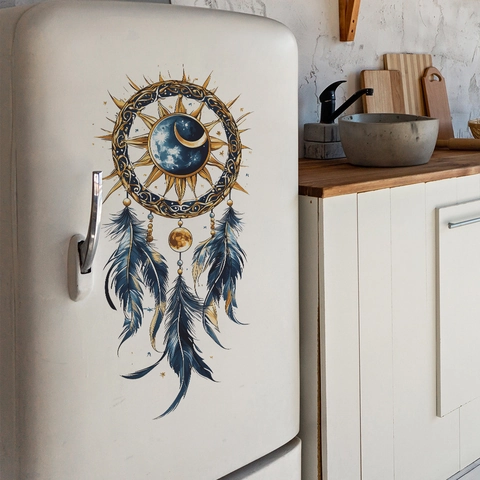 Sticker Mural Capteur de Rêves Bohème Soleil Lune Étoiles Plume Bleue PVC Auto-adhésif Décoration Pour Chambre