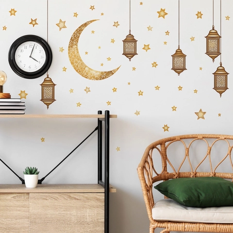 Pegatina de Pared Ramadan Eid Mubarak Luna Dorada Linterna Estrella Removible PVC Calcomanía Decorativa Para Hogar Dormitorio