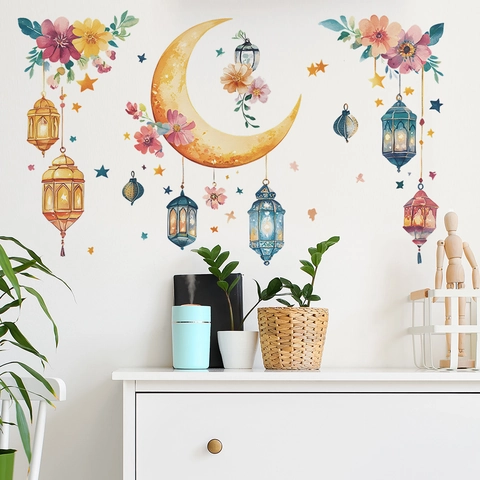 Adesivi Murali con Luna e Fiori Acquerello in PVC Rimovibili Lanterna Stelle per Camera da Letto Soggiorno Casa Decorazione Ramadan