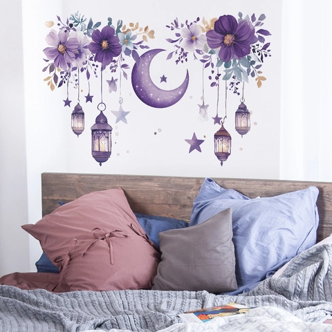Lila Mond Blume Hängende Laterne Wandaufkleber Aquarell Selbstklebend Abnehmbar PVC Aufkleber Für Schlafzimmer Wohnzimmer Haus Dekor