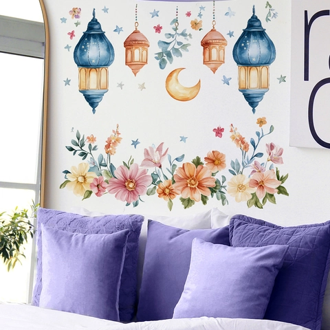 Watercolor Ramadan Eid Wall Stickers Flower Hanging Lamp Moon Star Removable PVC Wall Decal For Bedroom Living Room Home Decor