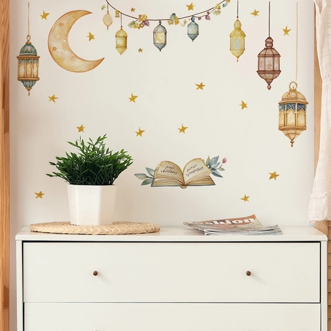 Ramadan Mond Sterne Laterne Wandaufkleber Aquarell PVC Selbstklebend Wandtattoo Für Wohnzimmer Schlafzimmer Zuhause Deko