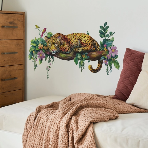 Adesivo da Parete Leopardo che Riposa su un Ramo d'Albero Decalcomania Rimovibile in PVC Impermeabile per Camera da Letto Armadio Casa