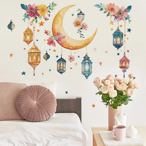 Adesivi Murali con Luna e Fiori Acquerello in PVC Rimovibili Lanterna Stelle per Camera da Letto Soggiorno Casa Decorazione Ramadan