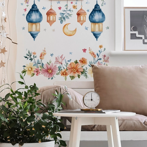 Watercolor Ramadan Eid Wall Stickers Flower Hanging Lamp Moon Star Removable PVC Wall Decal For Bedroom Living Room Home Decor