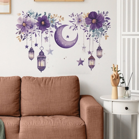 Lila Mond Blume Hängende Laterne Wandaufkleber Aquarell Selbstklebend Abnehmbar PVC Aufkleber Für Schlafzimmer Wohnzimmer Haus Dekor