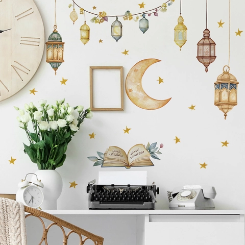 Ramadan Mond Sterne Laterne Wandaufkleber Aquarell PVC Selbstklebend Wandtattoo Für Wohnzimmer Schlafzimmer Zuhause Deko