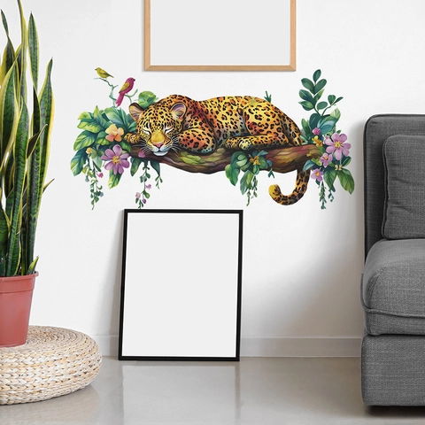 Adesivo da Parete Leopardo che Riposa su un Ramo d'Albero Decalcomania Rimovibile in PVC Impermeabile per Camera da Letto Armadio Casa