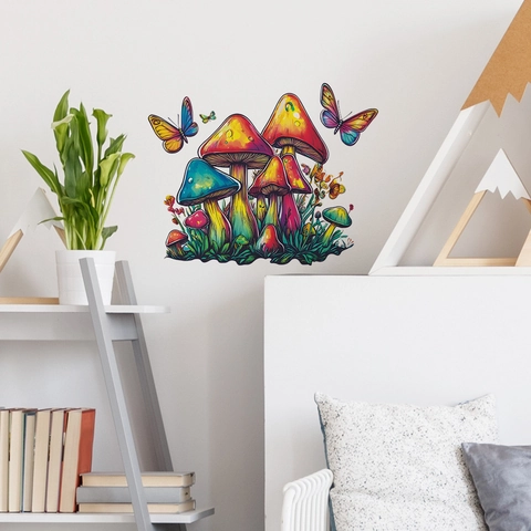 Colorful Mushroom Butterfly Wall Sticker PVC Self-Adhesive Artistic Decal For Bedroom Living Room Home Wardrobe Decor