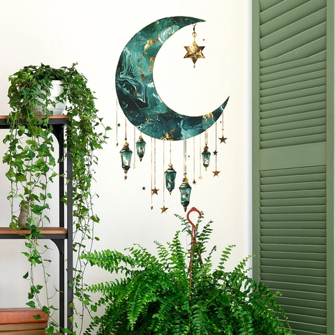 Vinilo Decorativo Luna y Estrellas Mármol Verde Esmeralda Linterna Exótica Patrón Pan de Oro PVC Adhesivo para Hogar