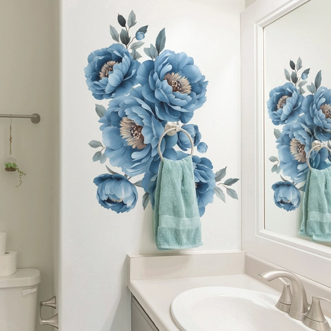 Blaue Pfingstrose Wandaufkleber Abnehmbare PVC Blumen Decals Für Schlafzimmer Badezimmer Wohnzimmer Künstlerische Wanddeko