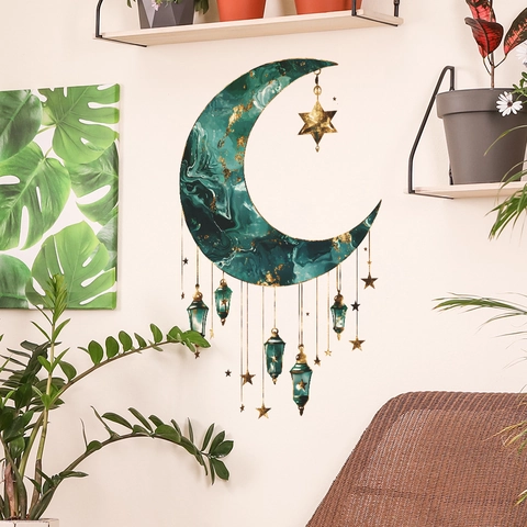 Vinilo Decorativo Luna y Estrellas Mármol Verde Esmeralda Linterna Exótica Patrón Pan de Oro PVC Adhesivo para Hogar