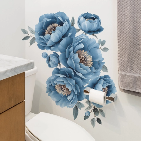 Blaue Pfingstrose Wandaufkleber Abnehmbare PVC Blumen Decals Für Schlafzimmer Badezimmer Wohnzimmer Künstlerische Wanddeko